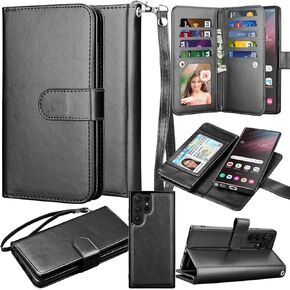 Takfox Wallet Case for Samsung Galaxy S23 Ultra, Galaxy S23 Ultra 5G Case, PU Leather Credit Card Holder Case [9 Card Slots] Folio Flip Detachable Magnetic Cover Kickstand & Carrying Strap, Black