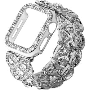 Bling Band with Case Compatible with Apple Watch Band 38mm 40mm 41mm 42mm 44mm 45mm for Women, Luxury Dressy Metal Strap with Diamond Rhinestone Bracelet Wristband for iWatch SE Series 7 6 5 4 3 2 1