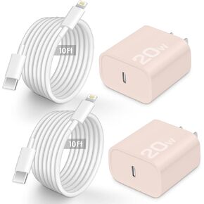 2 Pack for 10 FT Phone Charger Fast Charger 20W PD USB C Fast Charger Block with 10 Foot Fast Charging Cable, Type C Fast Charging Cord Compatible with iP14/14/13/12/11 Pro Max/XS-Pink