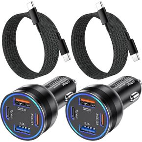 USB C Car Charger 65W, Agtray 4-Port PD/QC Fast Charging Car Charger Cigarette Lighter Type C Power Adapter with USB C to C Braided Cable Compatible for iPhone 15 Pro, Galaxy S24 S23 S22 (2Pack,Black)