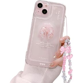 Ownest Compatible for iPhone 15 Cute 3D Pink Bowknot Slim Clear Aesthetic Design Women Teen Girls Camera Lens Protection Phone Cases Cover+Glitter Bow Crystal Sparkle Sparkly Chain