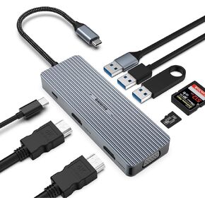 9 in 1 Triple Display USB C Adapter, OBERSTER 2 x HDMI/VGA, Mac Pro/Air Fast Docking Station for Dell, Surface, HP, Lenovo, Type C Devices (SD/TF+USB A 3.0/2.0+PD Charging)