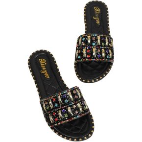 GORGLITTER Women's Sparkling Rhinestone Flat Sandals Leather Open Toe Single Band Slide Sandals