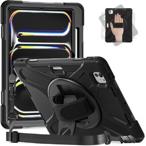 ZenRich iPad Pro 11 Case 5th Generation (M4) 2024, Shockproof Heavy Duty Rugged Case for iPad Pro 11-inch A2836 A2837 with Kickstand/Hand Strap/Pencil Holder/Shoulder Strap, Black