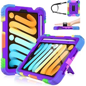 LTROP iPad Mini 6 Case 2021, iPad Mini 6th Generation Case for Kids, Heavy Duty Shockproof Cover with Pencil Holder/360 Rotating Stand/Hand Strap for iPad Mini 6th Generation 8.3 Inch 2021, Aqua Teal