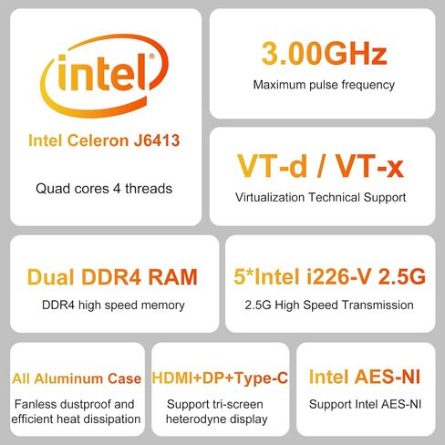 Micro Firewall Appliance, Inter J6413 Fanless Firewall Mini PC, 5 Inter 2.5Gbe I226-V Ports, Support AES-NI Soft Router PC VPN OPNsense Proxmox, 8GB RAM 128GB SSD in Saudi Arabia