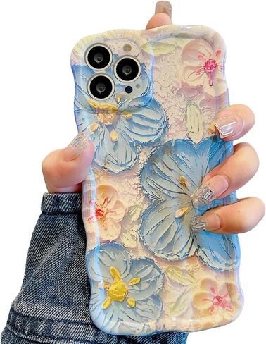 UEEBAI Case for iPhone 14 Pro Max 6.7 inch, Colorful Retro Oil Painting Flower Case Pretty Glossy Pattern Wave Case Cute Sparkly Floral Curly Cover Stylish Soft Case for Women and Girl - Orange Yellow in Saudi Arabia