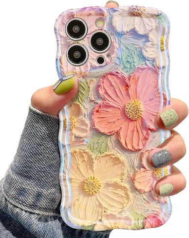 UEEBAI Case for iPhone 14 Pro Max 6.7 inch, Colorful Retro Oil Painting Flower Case Pretty Glossy Pattern Wave Case Cute Sparkly Floral Curly Cover Stylish Soft Case for Women and Girl - Orange Yellow in Saudi Arabia
