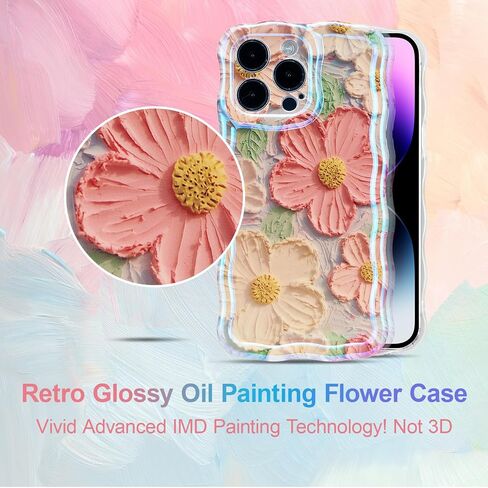 UEEBAI Case for iPhone 14 Pro Max 6.7 inch, Colorful Retro Oil Painting Flower Case Pretty Glossy Pattern Wave Case Cute Sparkly Floral Curly Cover Stylish Soft Case for Women and Girl - Orange Yellow in Saudi Arabia