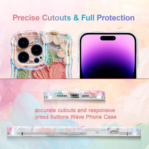 UEEBAI Case for iPhone 14 Pro Max 6.7 inch, Colorful Retro Oil Painting Flower Case Pretty Glossy Pattern Wave Case Cute Sparkly Floral Curly Cover Stylish Soft Case for Women and Girl - Orange Yellow in Saudi Arabia