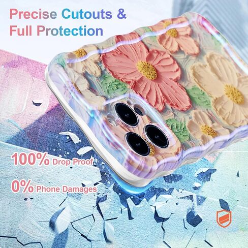 UEEBAI Case for iPhone 14 Pro Max 6.7 inch, Colorful Retro Oil Painting Flower Case Pretty Glossy Pattern Wave Case Cute Sparkly Floral Curly Cover Stylish Soft Case for Women and Girl - Orange Yellow in Saudi Arabia