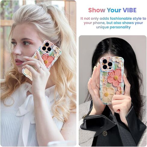 UEEBAI Case for iPhone 14 Pro Max 6.7 inch, Colorful Retro Oil Painting Flower Case Pretty Glossy Pattern Wave Case Cute Sparkly Floral Curly Cover Stylish Soft Case for Women and Girl - Orange Yellow in Saudi Arabia