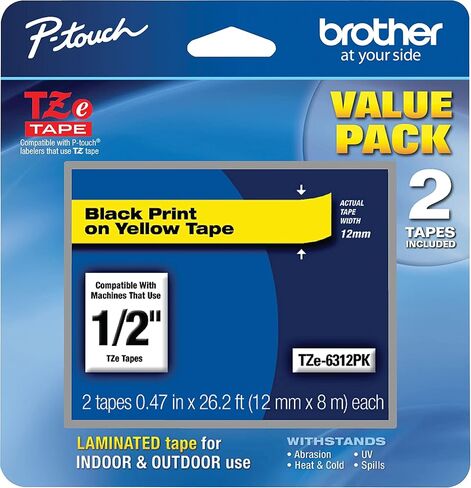 شريط Brother أصلي P-Touch، شريط TZe-6312Pk مقاس 1⁄2 بوصة (12 مم) شريط P-Touch مصفح، أسود على أصفر مثالي للاستخدام الداخلي أو الخارجي، مقاوم للماء، 26.2 قدم (8 متر) in Saudi Arabia