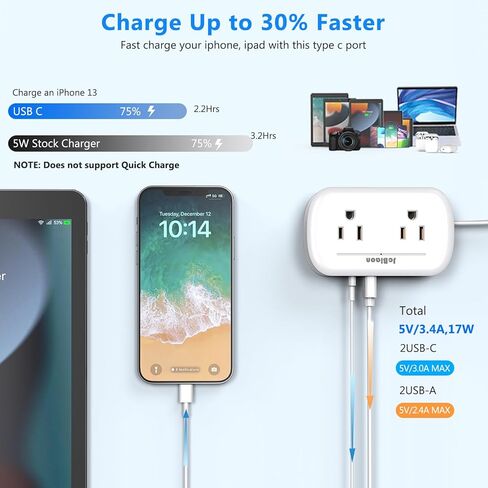 شريط طاقة للسفر مع منافذ USB، 4 منافذ 4 USB (2 USB C) مع سلك تمديد مسطح قصير ملفوف بطول 3.6 قدم، محطة شحن صغيرة محمولة لسطح المكتب، مدمجة لأساسيات رحلة السفر في الفندق in Kuwait