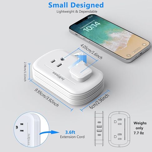 شريط طاقة للسفر مع منافذ USB، 4 منافذ 4 USB (2 USB C) مع سلك تمديد مسطح قصير ملفوف بطول 3.6 قدم، محطة شحن صغيرة محمولة لسطح المكتب، مدمجة لأساسيات رحلة السفر في الفندق in Kuwait