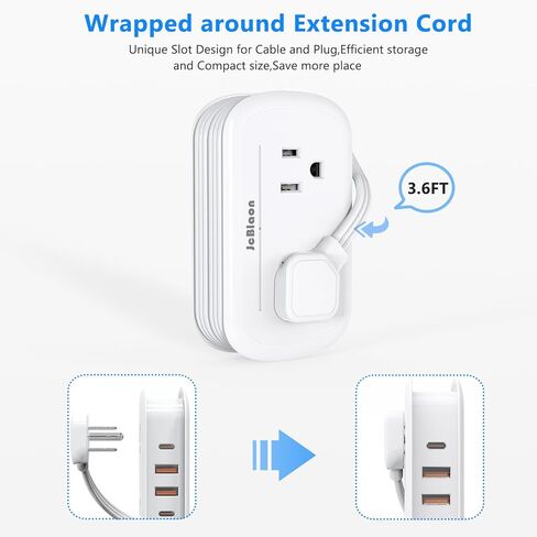 شريط طاقة للسفر مع منافذ USB، 4 منافذ 4 USB (2 USB C) مع سلك تمديد مسطح قصير ملفوف بطول 3.6 قدم، محطة شحن صغيرة محمولة لسطح المكتب، مدمجة لأساسيات رحلة السفر في الفندق in Kuwait