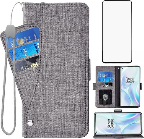 Asuwish Compatible with OnePlus 8 OnePlus8 5G UW Tmobile Wallet Case Tempered Glass Screen Protector and Flip Cover Card Holder Phone Cases for One Plus8 On 1 Plus 1plus One+ 1+ 1+8 Women Men Gray in Saudi Arabia