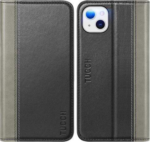 TUCCH Wallet Case for iPhone 14 Plus 6.7", PU Leather Folio Case with [RFID Blocking] [3 Card Slot], Kickstand Book Design [Shockproof TPU Interior Case] Compatible with iPhone 14 Plus,Grey & Black in Saudi Arabia