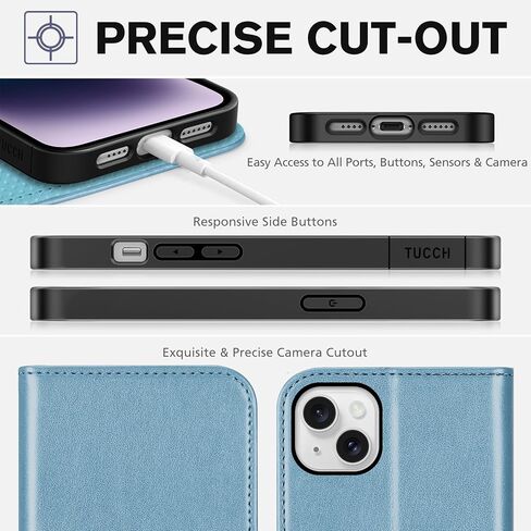حافظة محفظة TUCCH لهاتف iPhone 14 Plus 6.7 بوصة، حافظة فوليو من جلد البولي يوريثان مع [حجب RFID] [3 فتحات للبطاقات]، تصميم كتاب بمسند [جراب داخلي من مادة TPU مقاوم للصدمات] متوافق مع iPhone 14 Plus، رمادي وأسود in Kuwait