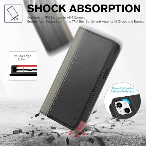 TUCCH Wallet Case for iPhone 14 Plus 6.7", PU Leather Folio Case with [RFID Blocking] [3 Card Slot], Kickstand Book Design [Shockproof TPU Interior Case] Compatible with iPhone 14 Plus,Grey & Black in Saudi Arabia