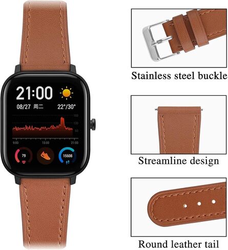 Leather WatchBand Compatible with Amazfit GTS 4 4mini 3 2 2e 2 mini &GTR 42mm & Bip 3/Bip 3 Pro/Bip U Pro/Bip/Bip Lite/Bip S/Bip S lite Smart Watch Genuine Leather Replacement 20MM Sport Wrist Strap Bracelet with Stainless Metal Buckle in Saudi Arabia