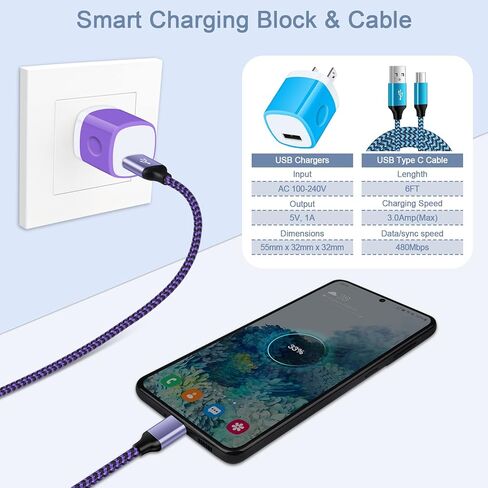 Googel 7A C نوع كتلة شحن USB C صندوق توصيل جداري شحن سريع كابل شاحن الهاتف لهاتف Samsung Galaxy A13، A12، A53، A73، A04S، A03s، A02s، Note 20، Motorola Edge +، Moto Razr، G32، G42، G62، جي ستايلس in Kuwait