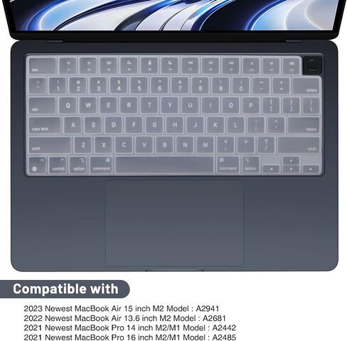 غطاء لوحة المفاتيح متوافق مع MacBook Air 15 M3 A3114 M2 A2941/Air 13.6 M3 A3113 M2 A2681/Pro 14 M3 M2 M1 A2442 A2918 A2992 A2779/Pro 16 M3 M2 M1 A2991 A2780 A2485، شفاف in Kuwait