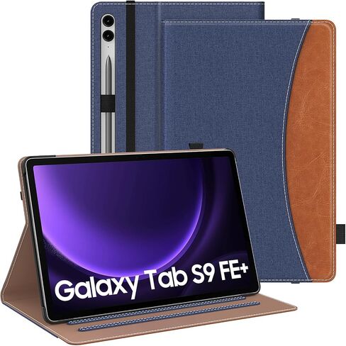 MoKo Case for Samsung Galaxy Tab S9 FE Plus 12.4-Inch 2023 SM-X610/SM-X616, PU Leather Multi-Angle Viewing Folding Stand Cover Case with S-Pen Holder, Front Pocket, Auto Wake/Sleep, Denim Blue & Brown in Saudi Arabia