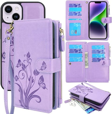Lacass Compatible with iPhone 14 Plus 6.7 inch Case [ Card Slots] ID Credit Cash Holder Zipper Pocket Detachable Magnet Leather Wallet Cover with Wrist Strap Lanyard(Floral Light Purple) in Saudi Arabia