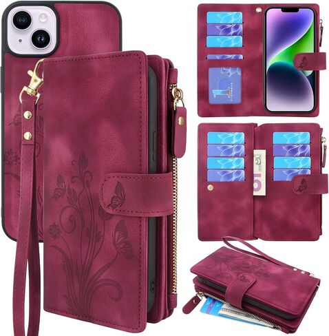 Lacass Compatible with iPhone 14 Plus 6.7 inch Case [ Card Slots] ID Credit Cash Holder Zipper Pocket Detachable Magnet Leather Wallet Cover with Wrist Strap Lanyard(Floral Light Purple) in Saudi Arabia