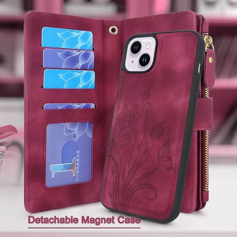 Lacass Compatible with iPhone 14 Plus 6.7 inch Case [ Card Slots] ID Credit Cash Holder Zipper Pocket Detachable Magnet Leather Wallet Cover with Wrist Strap Lanyard(Floral Light Purple) in Saudi Arabia
