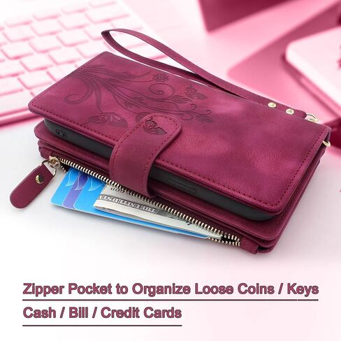 Lacass Compatible with iPhone 14 Plus 6.7 inch Case [ Card Slots] ID Credit Cash Holder Zipper Pocket Detachable Magnet Leather Wallet Cover with Wrist Strap Lanyard(Floral Light Purple) in Saudi Arabia