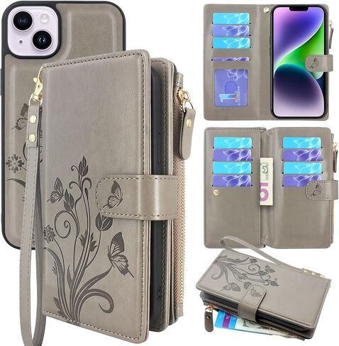 Lacass Compatible with iPhone 14 Plus 6.7 inch Case [ Card Slots] ID Credit Cash Holder Zipper Pocket Detachable Magnet Leather Wallet Cover with Wrist Strap Lanyard(Floral Light Purple) in Saudi Arabia