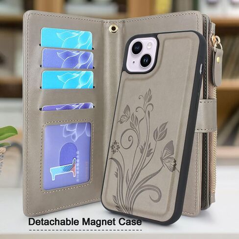 Lacass Compatible with iPhone 14 Plus 6.7 inch Case [ Card Slots] ID Credit Cash Holder Zipper Pocket Detachable Magnet Leather Wallet Cover with Wrist Strap Lanyard(Floral Light Purple) in Saudi Arabia