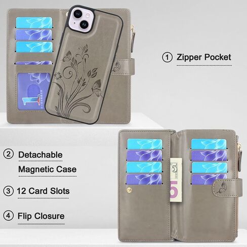 Lacass Compatible with iPhone 14 Plus 6.7 inch Case [ Card Slots] ID Credit Cash Holder Zipper Pocket Detachable Magnet Leather Wallet Cover with Wrist Strap Lanyard(Floral Light Purple) in Saudi Arabia