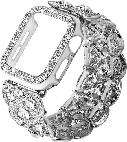 Bling Band with Case Compatible with Apple Watch Band 38mm 40mm 41mm 42mm 44mm 45mm for Women, Luxury Dressy Metal Strap with Diamond Rhinestone Bracelet Wristband for iWatch SE Series 7 6 5 4 3 2 1 in Saudi Arabia