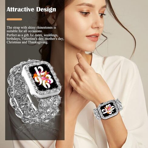 Bling Band with Case Compatible with Apple Watch Band 38mm 40mm 41mm 42mm 44mm 45mm for Women, Luxury Dressy Metal Strap with Diamond Rhinestone Bracelet Wristband for iWatch SE Series 7 6 5 4 3 2 1 in Saudi Arabia