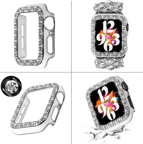 Bling Band with Case Compatible with Apple Watch Band 38mm 40mm 41mm 42mm 44mm 45mm for Women, Luxury Dressy Metal Strap with Diamond Rhinestone Bracelet Wristband for iWatch SE Series 7 6 5 4 3 2 1 in Saudi Arabia