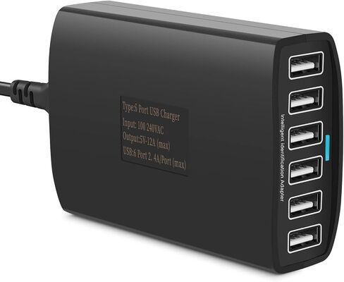 USB Charger 60 Watt 12A 6-Port PowerPort 6 Multi USB Wall Charging Station Multi-Port USB Charger Hub for Apple iPhone/iPad Air/Samsung/Galaxy/Note/LG/HTC/Tablets and More USB Device in Saudi Arabia