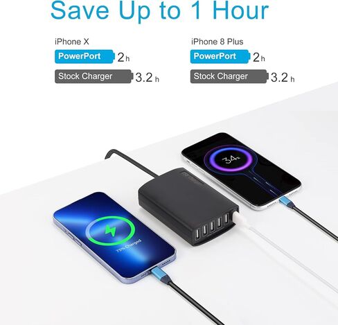 USB Charger 60 Watt 12A 6-Port PowerPort 6 Multi USB Wall Charging Station Multi-Port USB Charger Hub for Apple iPhone/iPad Air/Samsung/Galaxy/Note/LG/HTC/Tablets and More USB Device in Saudi Arabia