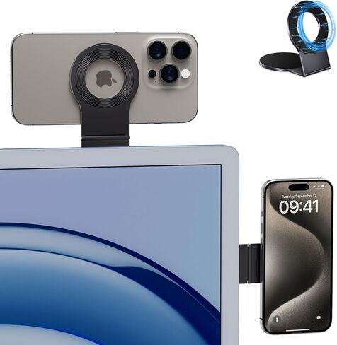 imluckies Continuity Camera Mount for iMac & Desktop Monitor, Compatible with MagSafe iPhone Webcam Mount for MacBook Pro, Air Displays, Magnetic Phone Stand for iPhone 15/14/ 13/12, Silver in Saudi Arabia