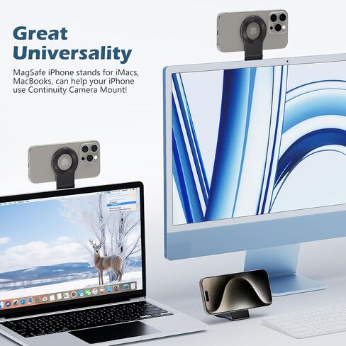 imluckies Continuity Camera Mount for iMac & Desktop Monitor, Compatible with MagSafe iPhone Webcam Mount for MacBook Pro, Air Displays, Magnetic Phone Stand for iPhone 15/14/ 13/12, Silver in Saudi Arabia