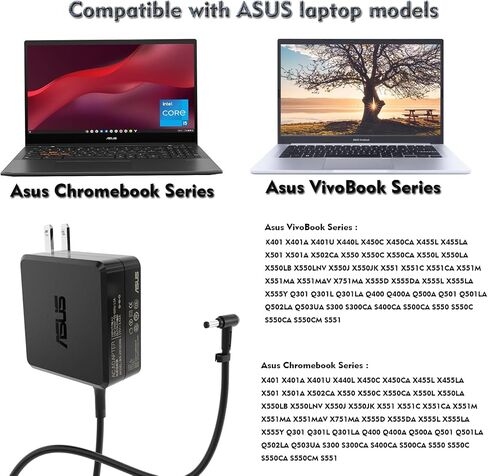 شاحن أصلي 65 واط مناسب لجهاز ASUS Q551L U56E X551M X555L X540S X45A X550 X550ZA X551 X551CA X551MA X553M X541N X53U X550C VivoBook Chromebook AC محول شاحن الكمبيوتر المحمول (جديد) in Kuwait