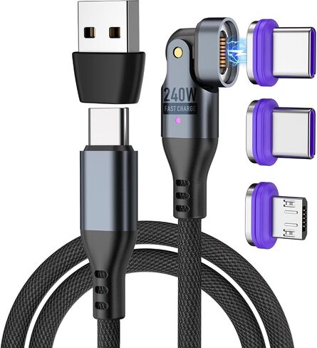 كابل شحن مغناطيسي Bojianxin 240 واط، كابل بيانات مغناطيسي USBC يدور 180 درجة إلى USB C، كابل شحن سريع للهاتف المغناطيسي Micro USB لنقل البيانات لأجهزة الكمبيوتر المحمول/الكمبيوتر اللوحي/الهاتف الذكي (6 أقدام) in Kuwait