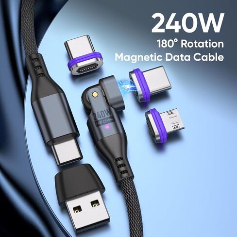 كابل شحن مغناطيسي Bojianxin 240 واط، كابل بيانات مغناطيسي USBC يدور 180 درجة إلى USB C، كابل شحن سريع للهاتف المغناطيسي Micro USB لنقل البيانات لأجهزة الكمبيوتر المحمول/الكمبيوتر اللوحي/الهاتف الذكي (6 أقدام) in Kuwait