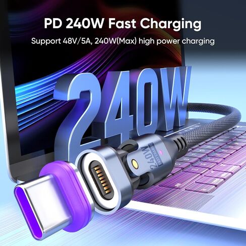 كابل شحن مغناطيسي Bojianxin 240 واط، كابل بيانات مغناطيسي USBC يدور 180 درجة إلى USB C، كابل شحن سريع للهاتف المغناطيسي Micro USB لنقل البيانات لأجهزة الكمبيوتر المحمول/الكمبيوتر اللوحي/الهاتف الذكي (6 أقدام) in Kuwait