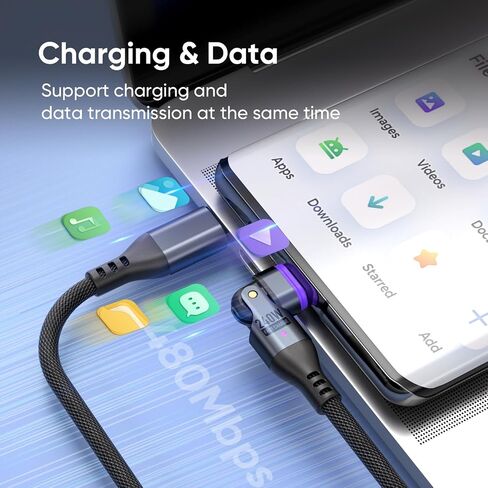 كابل شحن مغناطيسي Bojianxin 240 واط، كابل بيانات مغناطيسي USBC يدور 180 درجة إلى USB C، كابل شحن سريع للهاتف المغناطيسي Micro USB لنقل البيانات لأجهزة الكمبيوتر المحمول/الكمبيوتر اللوحي/الهاتف الذكي (6 أقدام) in Kuwait