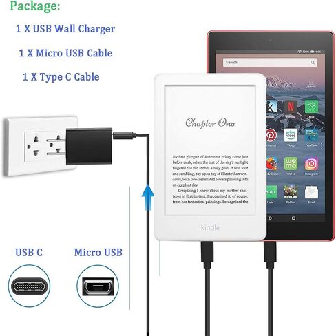 شاحن سريع لجميع أجهزة Kindle Fire اللوحية مع كابل USB من النوع C وMicro USB بطول 6.6 قدم متوافق مع قارئ Kindle الإلكتروني، وPaperwhite، وOasis، وVoyage، وKindle Kids Edition (مدرج في قائمة UL) in Kuwait