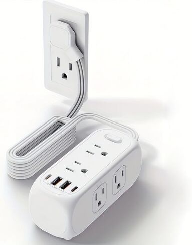 شريط طاقة 10 في 1، 6 منافذ واسعة مع 4 منافذ شحن USB (2 USB C)، موسع 3 منافذ جانبية مع سلك تمديد بطول 5 أقدام، قابس مسطح رفيع للغاية، حامل على الحائط، محطة شحن USB للمكتب in Kuwait