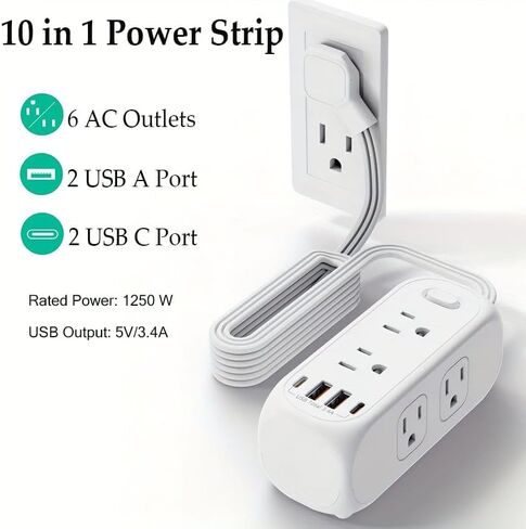 شريط طاقة 10 في 1، 6 منافذ واسعة مع 4 منافذ شحن USB (2 USB C)، موسع 3 منافذ جانبية مع سلك تمديد بطول 5 أقدام، قابس مسطح رفيع للغاية، حامل على الحائط، محطة شحن USB للمكتب in Kuwait